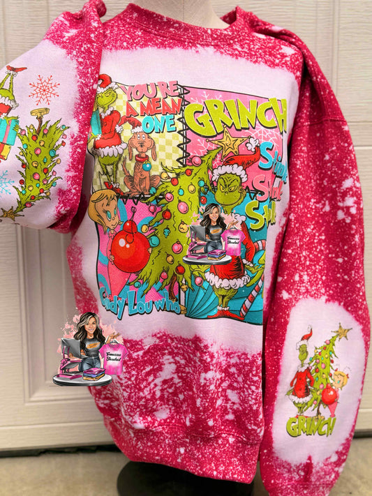 Mean One Green Guy Bleached Christmas Sweatshirt
