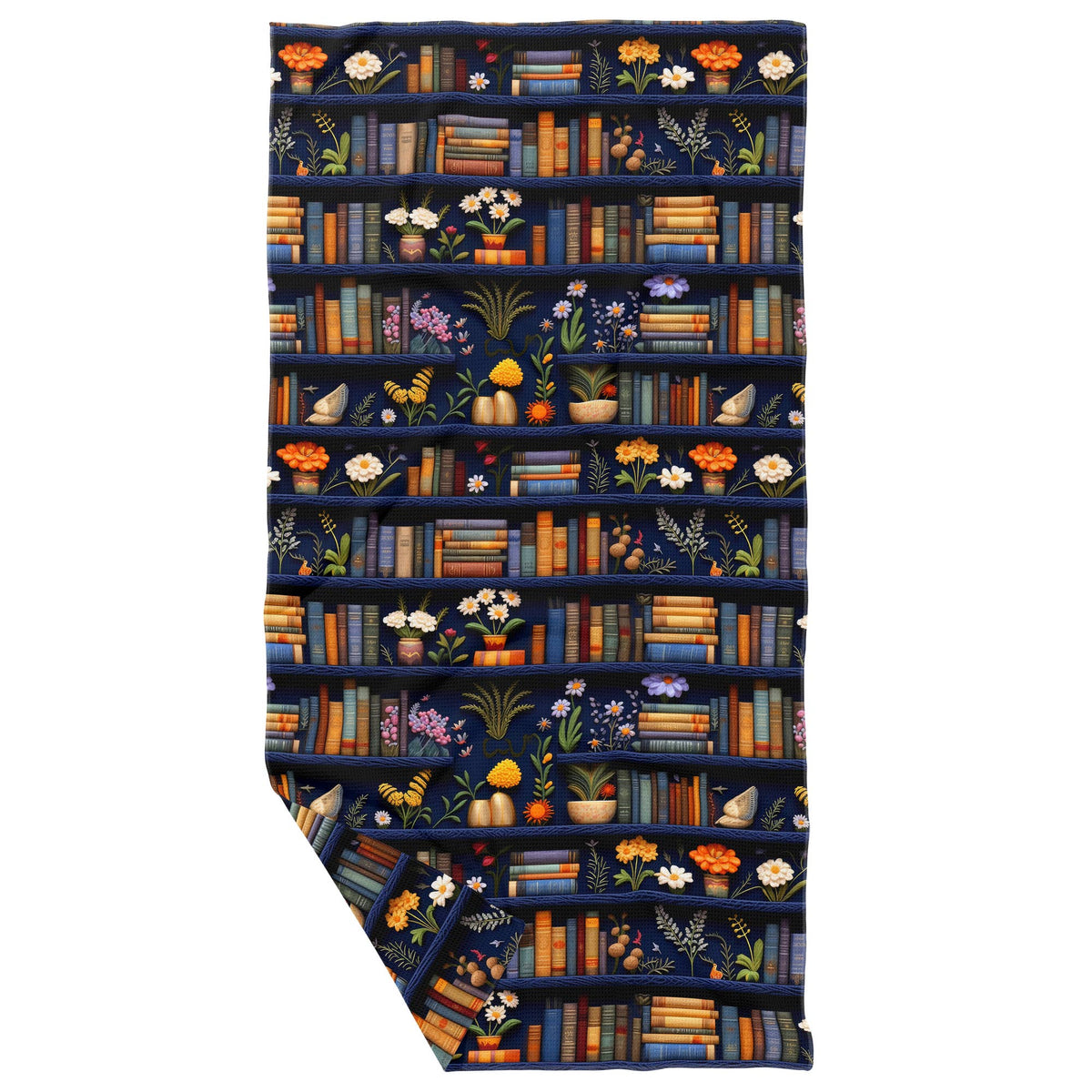 Blue Floral Bookshelf Double Sided Waffle Dish Towel