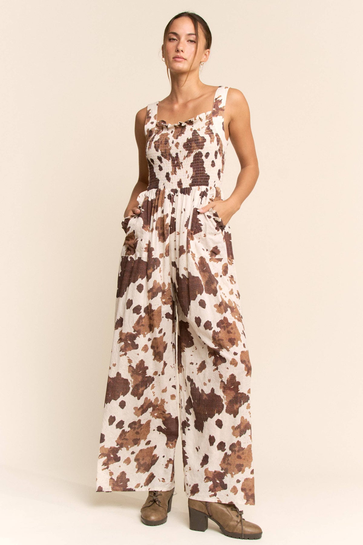 Cow Camo Smocked Wide Leg Jumpsuit