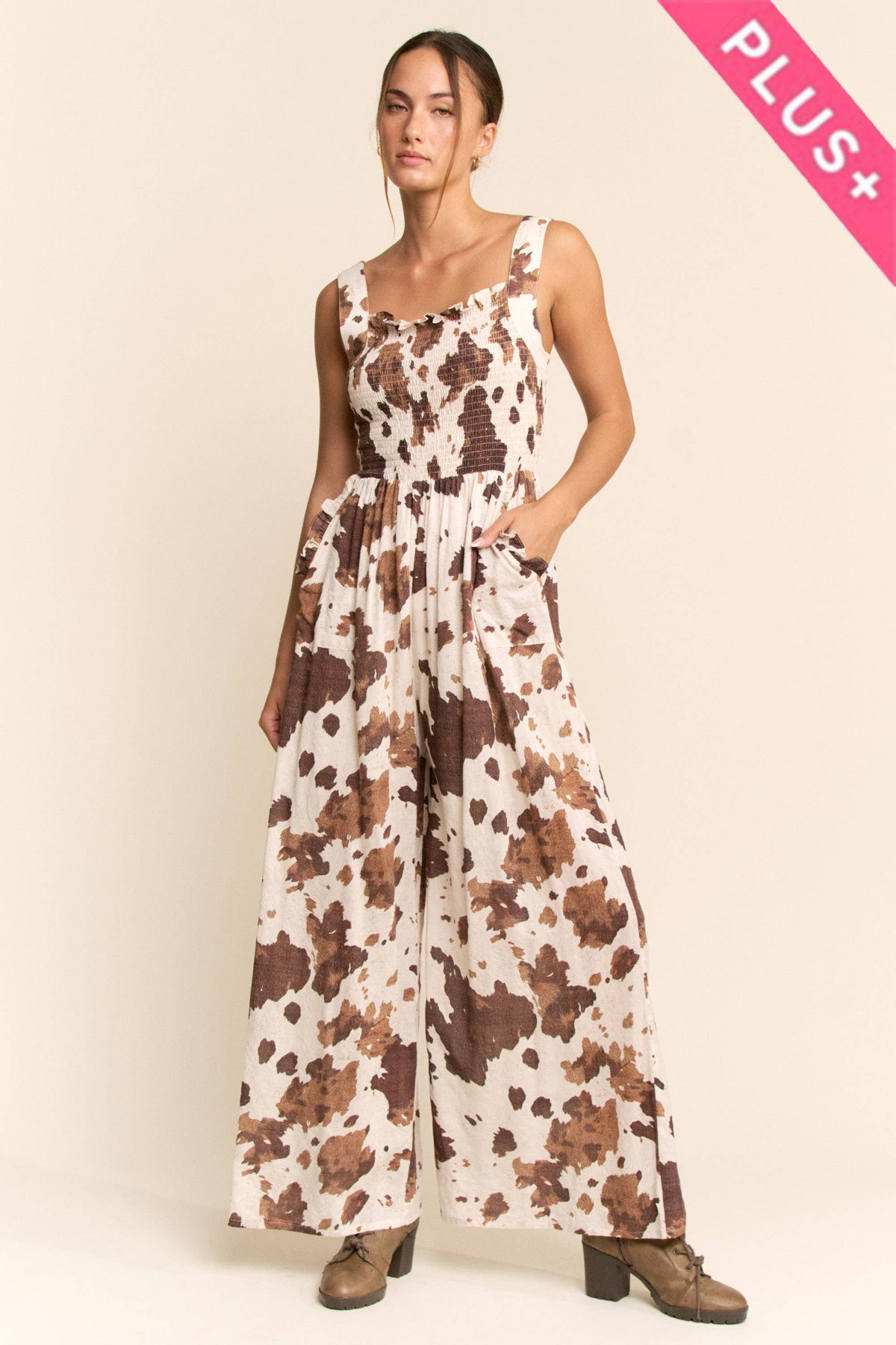Cow Camo Smocked Wide Leg Jumpsuit in curvy sizes
