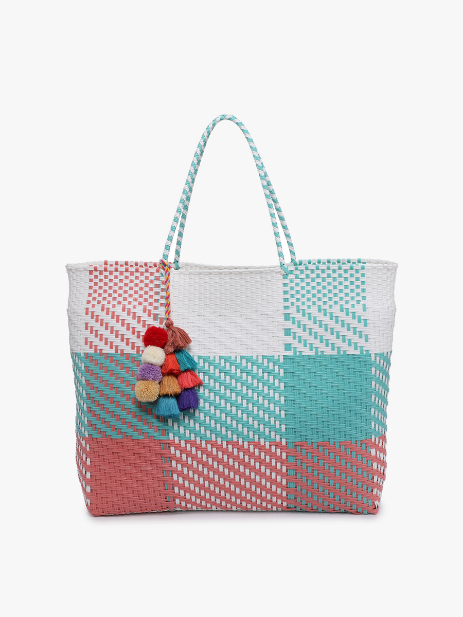 Shelby Large Handwoven Tote w/ Pom-Poms - Plaid-Turquoise/Pink